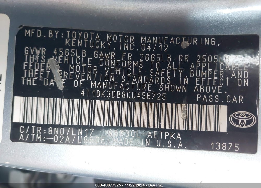 2012 TOYOTA AVALON VIN: 4T1BK3DB8CU456725