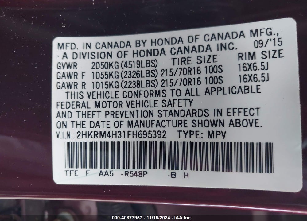 2015 HONDA CR-V LX VIN: 2HKRM4H31FH695392
