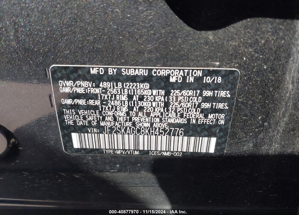 2019 SUBARU FORESTER VIN: JF2SKAGC8KH452776