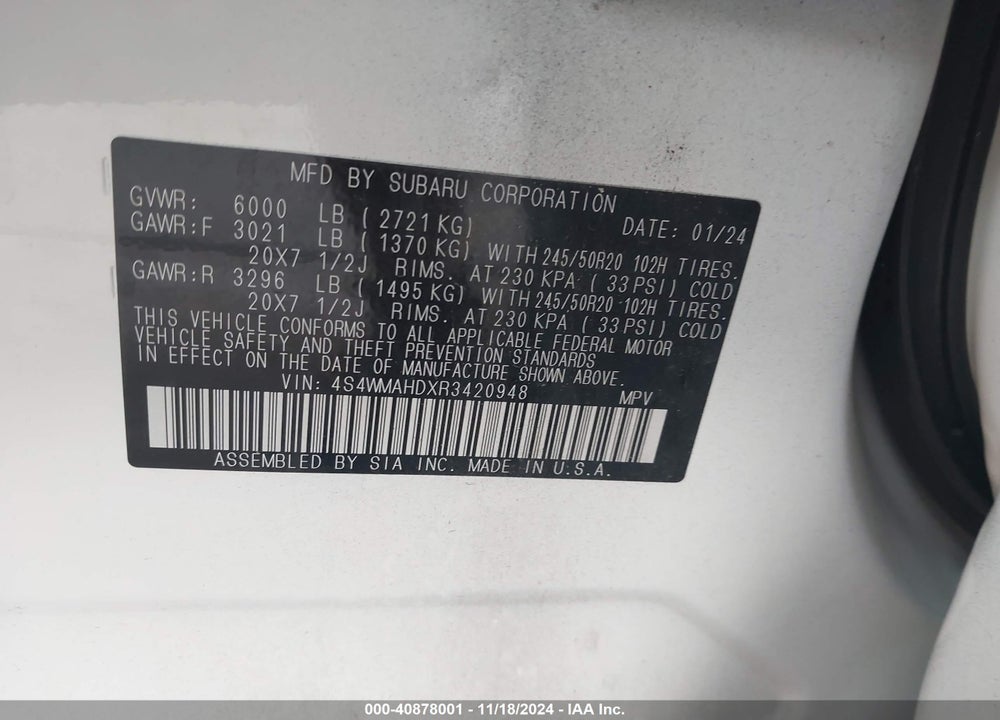 2024 SUBARU ASCENT VIN: 4S4WMAHDXR3420948