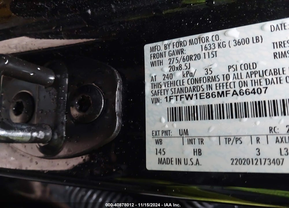 2021 FORD F-150 LARIAT VIN: 1FTFW1E86MFA66407