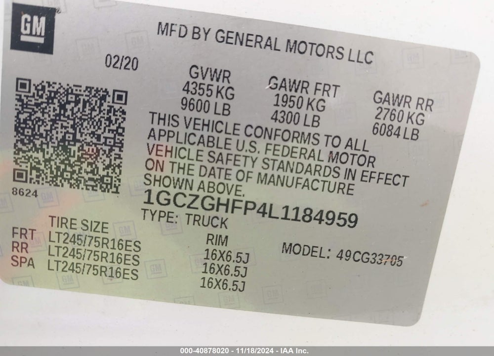 2020 CHEVROLET EXPRESS CARGO RWD 3500 EXTENDED WHEELBASE WT VIN: 1GCZGHFP4L1184959