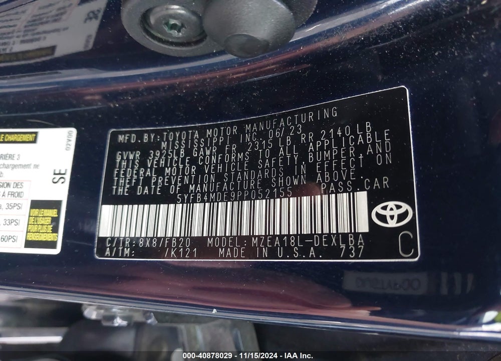 2023 TOYOTA COROLLA LE VIN: 5YFB4MDE9PP052155