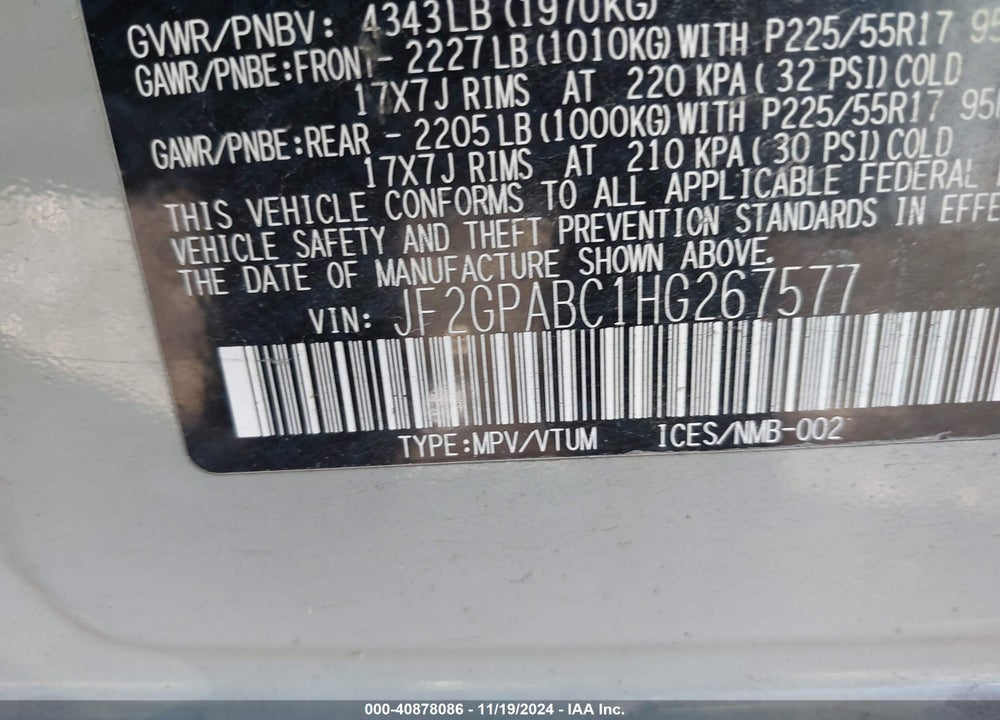2017 SUBARU CROSSTREK 2.0I PREMIUM VIN: JF2GPABC1HG267577