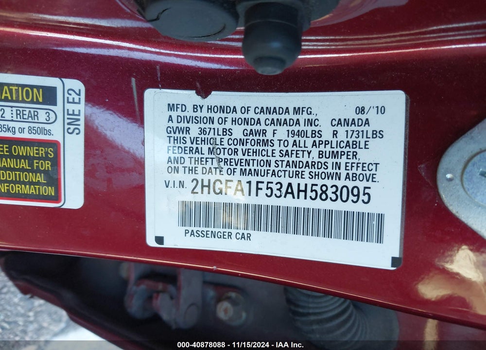 2010 HONDA CIVIC LX VIN: 2HGFA1F53AH583095