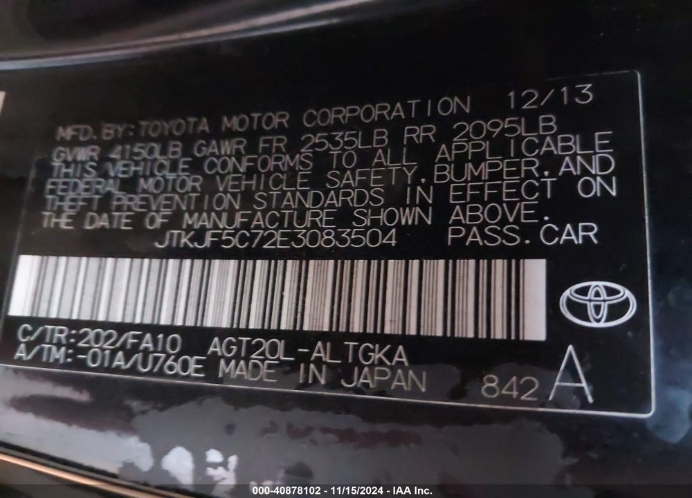 2014 SCION TC VIN: JTKJF5C72E3083504
