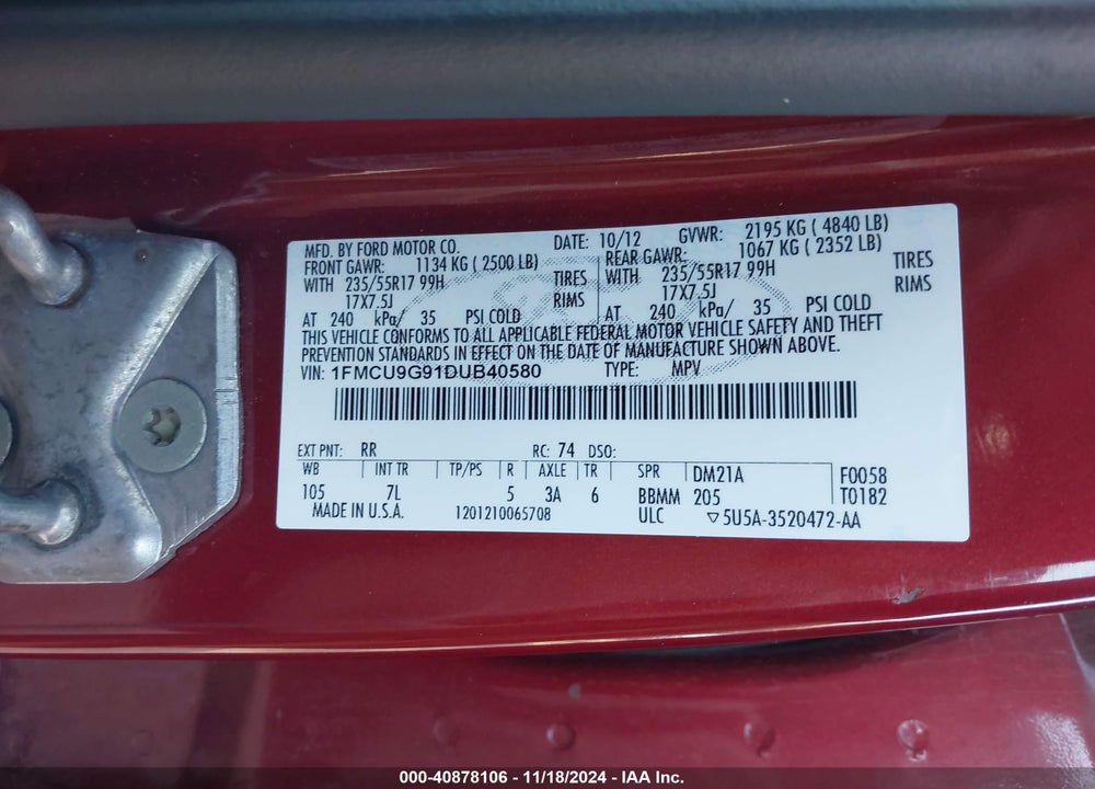 2013 FORD ESCAPE SE VIN: 1FMCU9G91DUB40580