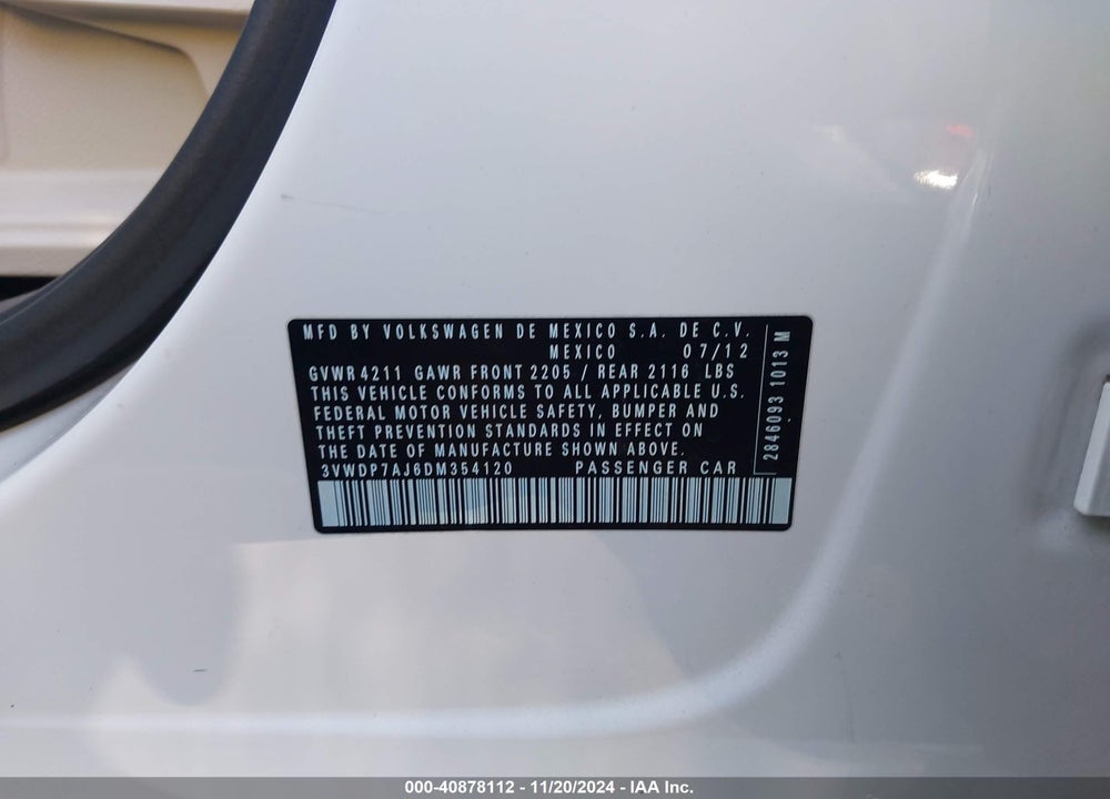 2013 VOLKSWAGEN JETTA 2.5L SE VIN: 3VWDP7AJ6DM354120