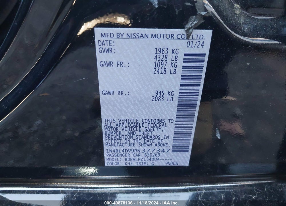 2024 NISSAN ALTIMA SV FWD VIN: 1N4BL4DV9RN377347
