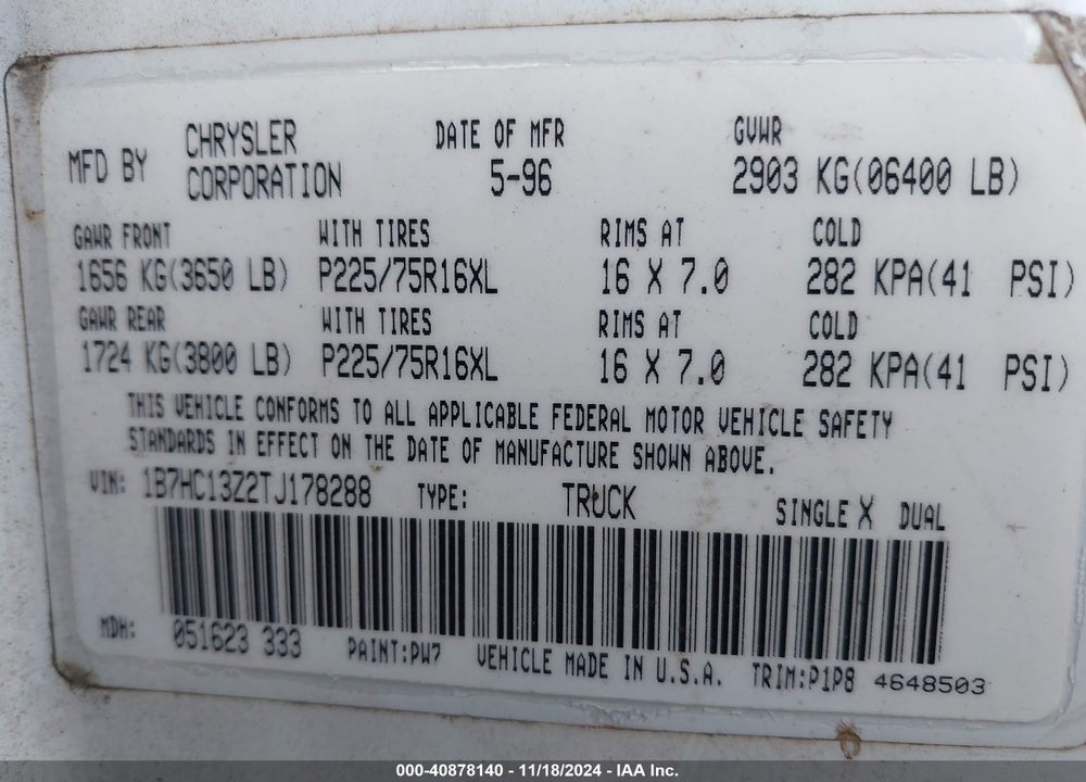 1996 DODGE RAM 1500 VIN: 1B7HC13Z2TJ178288