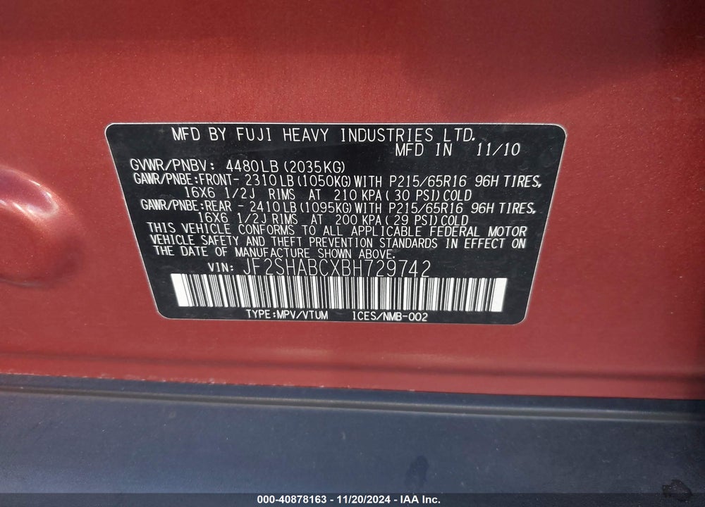 2011 SUBARU FORESTER 2.5X VIN: JF2SHABCXBH729742