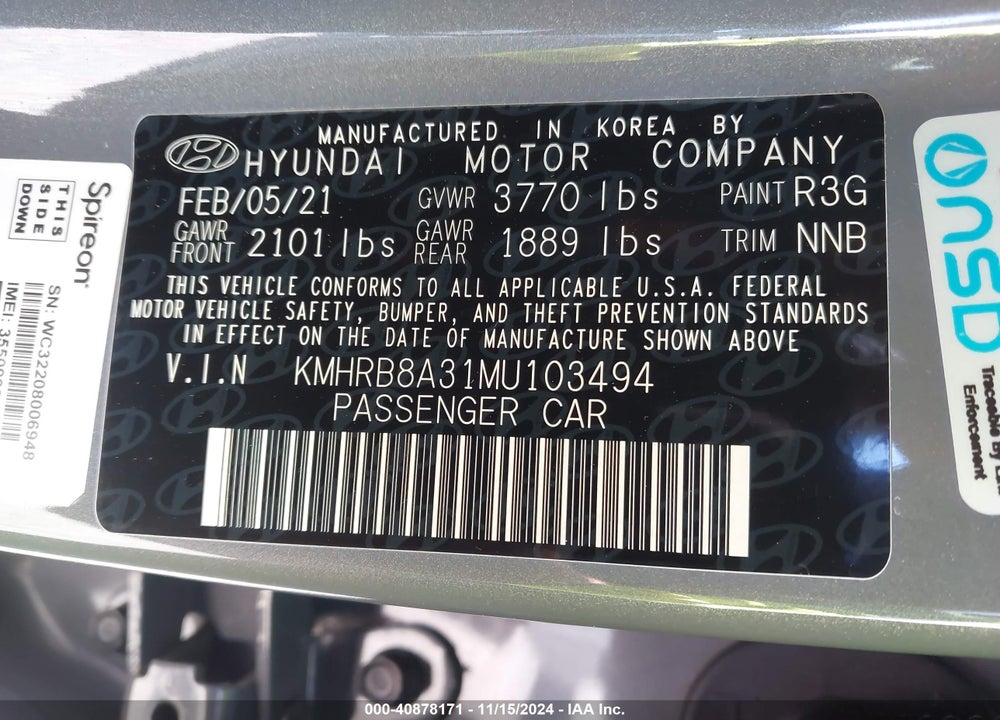 2021 HYUNDAI VENUE SE VIN: KMHRB8A31MU103494