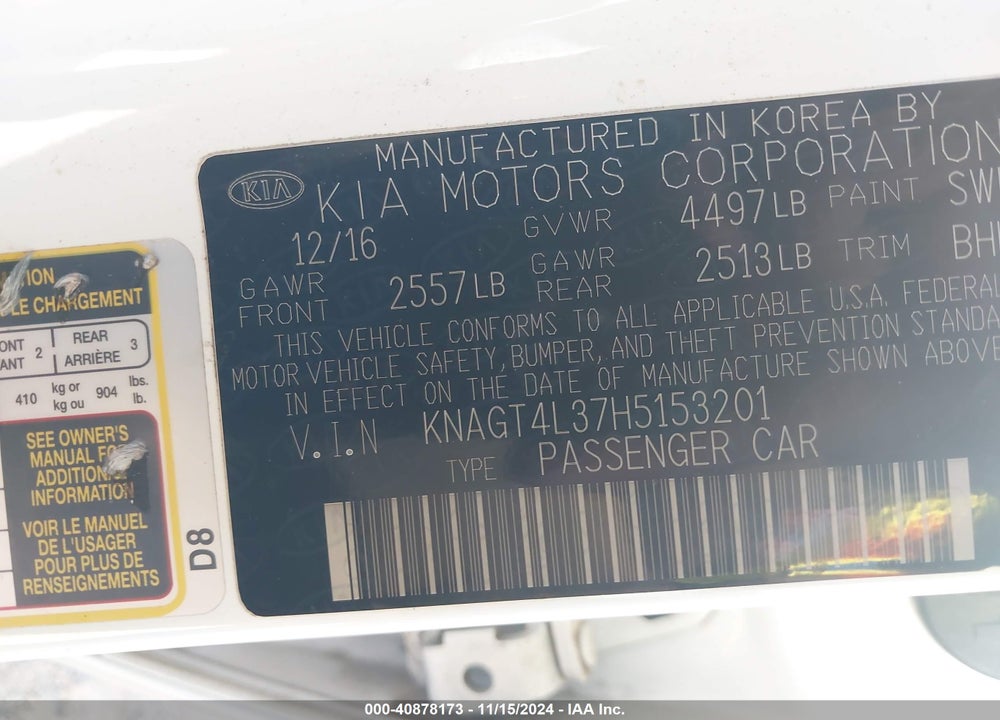 2017 KIA OPTIMA VIN: KNAGT4L37H5153201