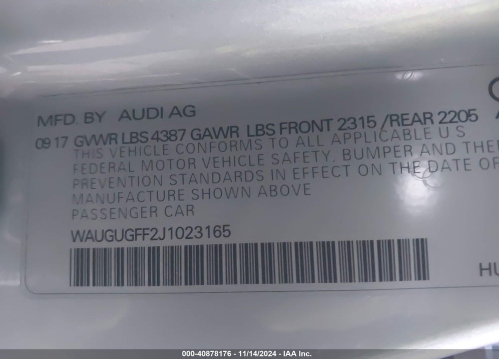 2018 AUDI A3 VIN: WAUGUGFF2J1023165