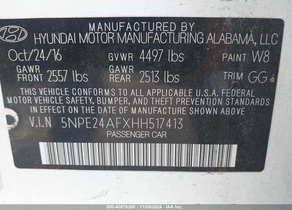 2017 HYUNDAI SONATA VIN: 5NPE24AFXHH517413