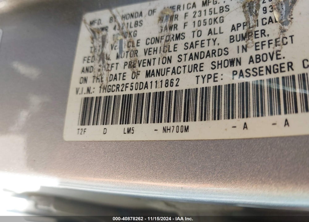 2013 HONDA ACCORD SPORT VIN: 1HGCR2F50DA111862