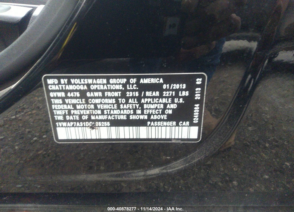 2013 VOLKSWAGEN PASSAT 2.5L S VIN: 1VWAP7A31DC085255