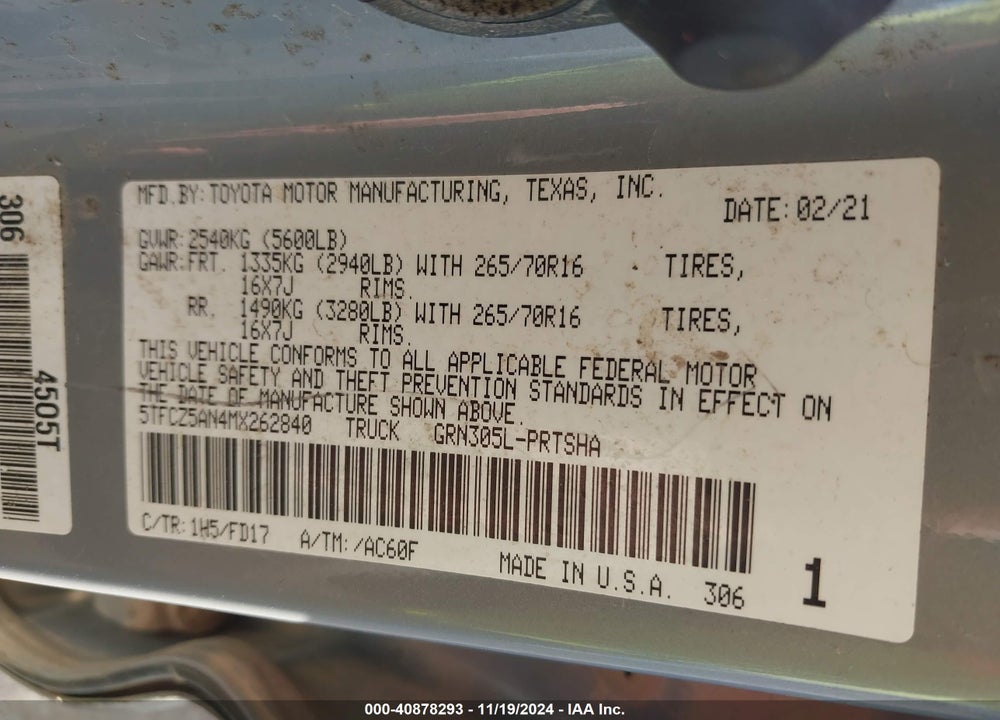 2021 TOYOTA TACOMA TRD OFF ROAD VIN: 5TFCZ5AN4MX262840