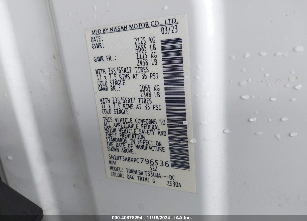 2023 NISSAN ROGUE S VIN: 5N1BT3ABXPC796536