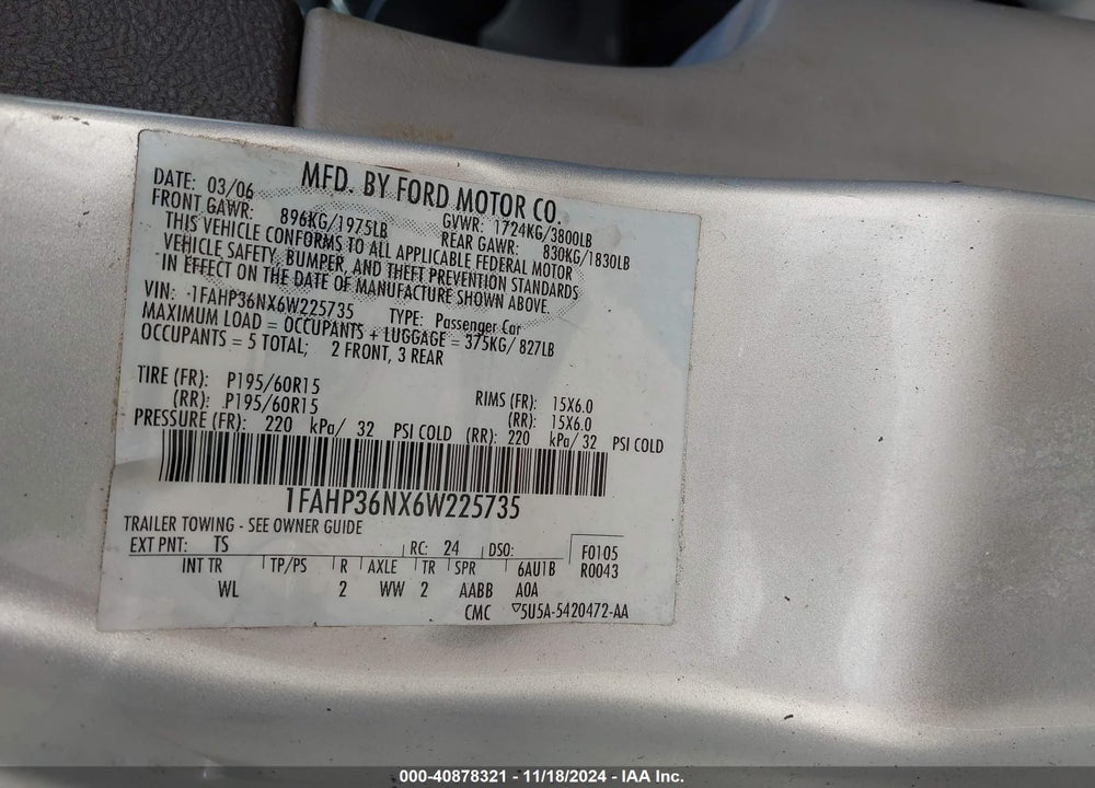 2006 FORD FOCUS ZXW VIN: 1FAHP36NX6W225735