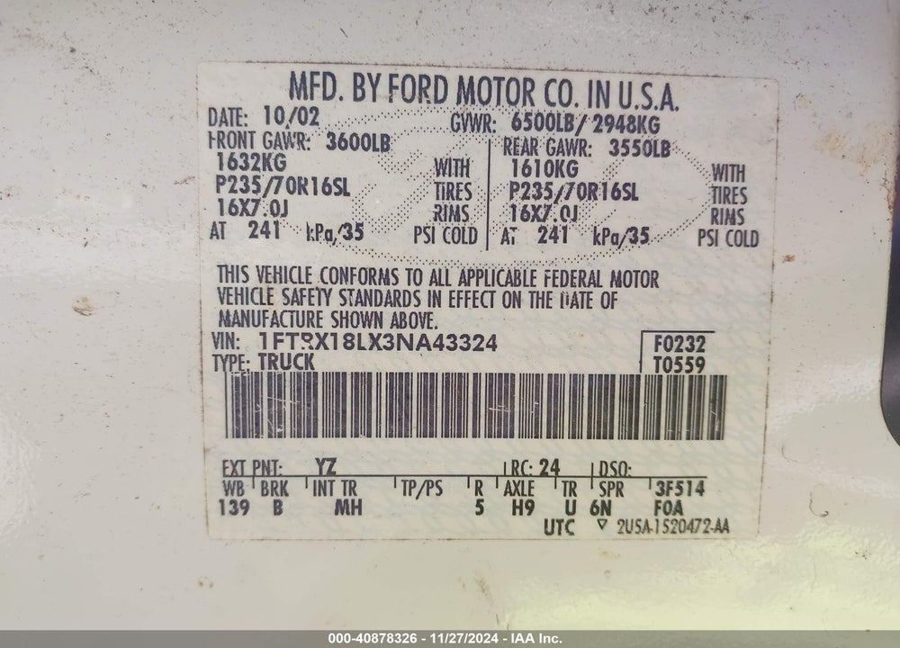 2003 FORD F-150 LARIAT/XL/XLT VIN: 1FTRX18LX3NA43324