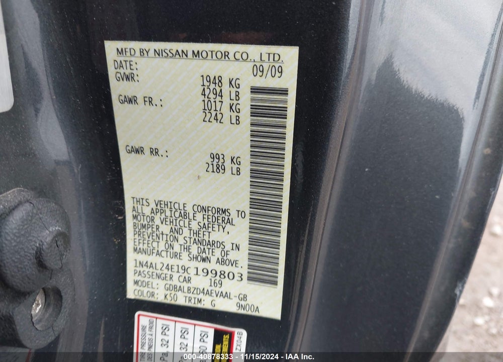 2009 NISSAN ALTIMA 2.5 S VIN: 1N4AL24E19C199803