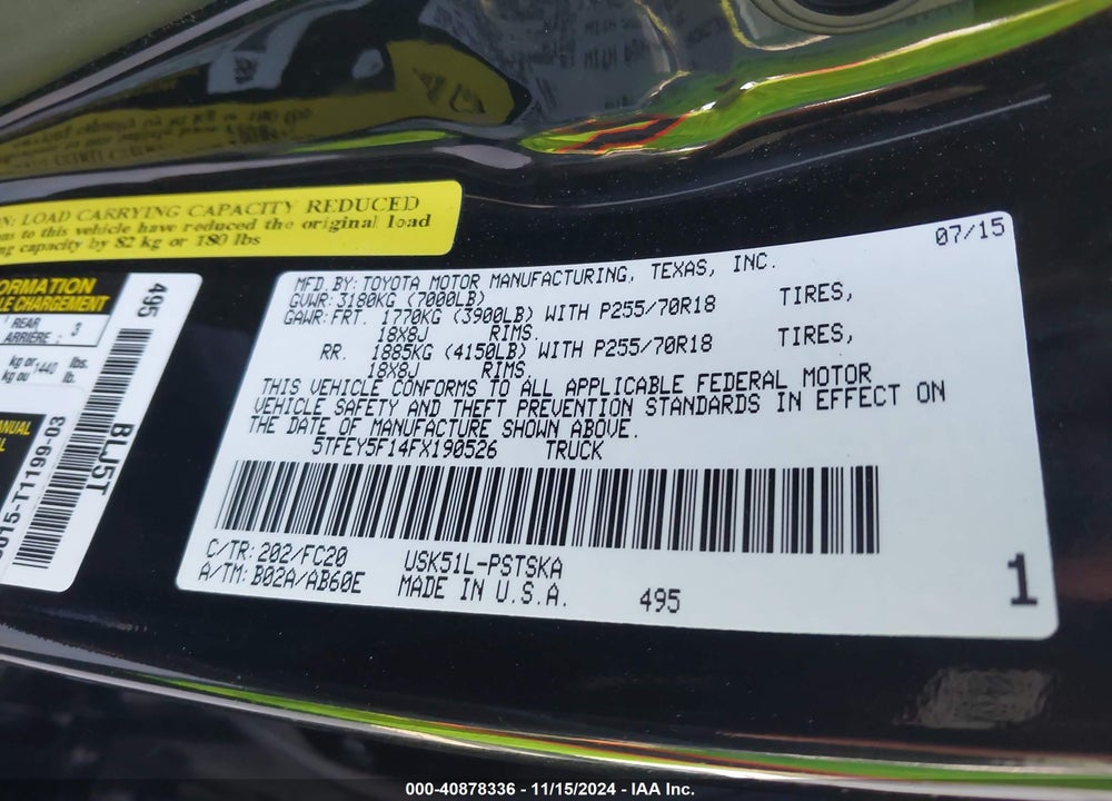 2015 TOYOTA TUNDRA SR5 5.7L V8 VIN: 5TFEY5F14FX190526