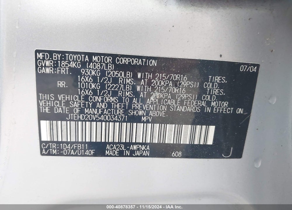 2004 TOYOTA RAV4 VIN: JTEHD20V540034371