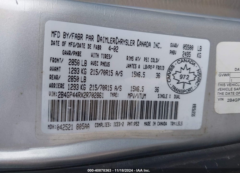 2002 DODGE GRAND CARAVAN SPORT VIN: 2B4GP44RX2R702861