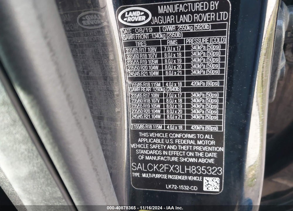 2020 LAND ROVER DISCOVERY SPORT STANDARD VIN: SALCK2FX3LH835323
