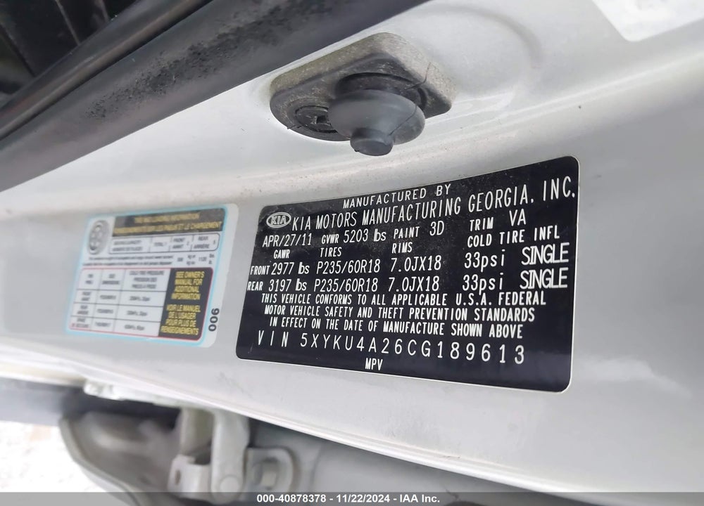 2012 KIA SORENTO EX V6 VIN: 5XYKU4A26CG189613