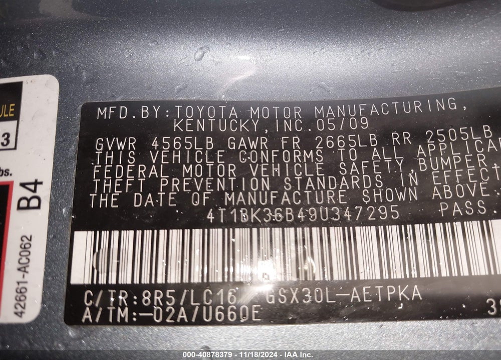 2009 TOYOTA AVALON LIMITED VIN: 4T1BK36B49U347295