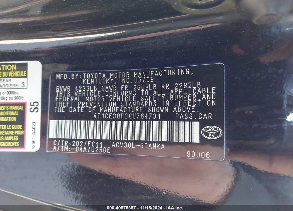 2008 TOYOTA CAMRY SOLARA SPORT VIN: 4T1CE30P38U764731