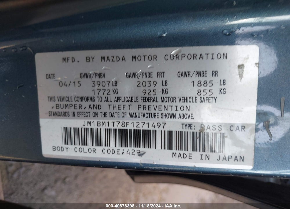 2015 MAZDA MAZDA3 VIN: JM1BM1T78F1271497