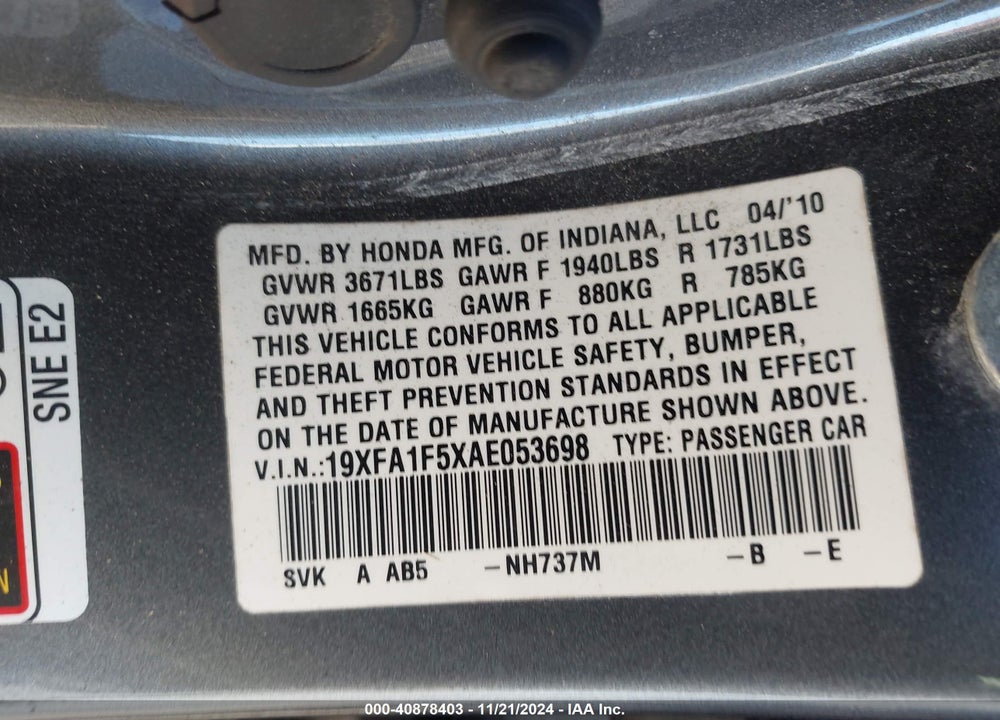 2010 HONDA CIVIC LX VIN: 19XFA1F5XAE053698