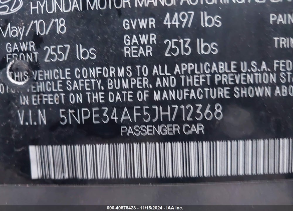 2018 HYUNDAI SONATA SEL VIN: 5NPE34AF5JH712368