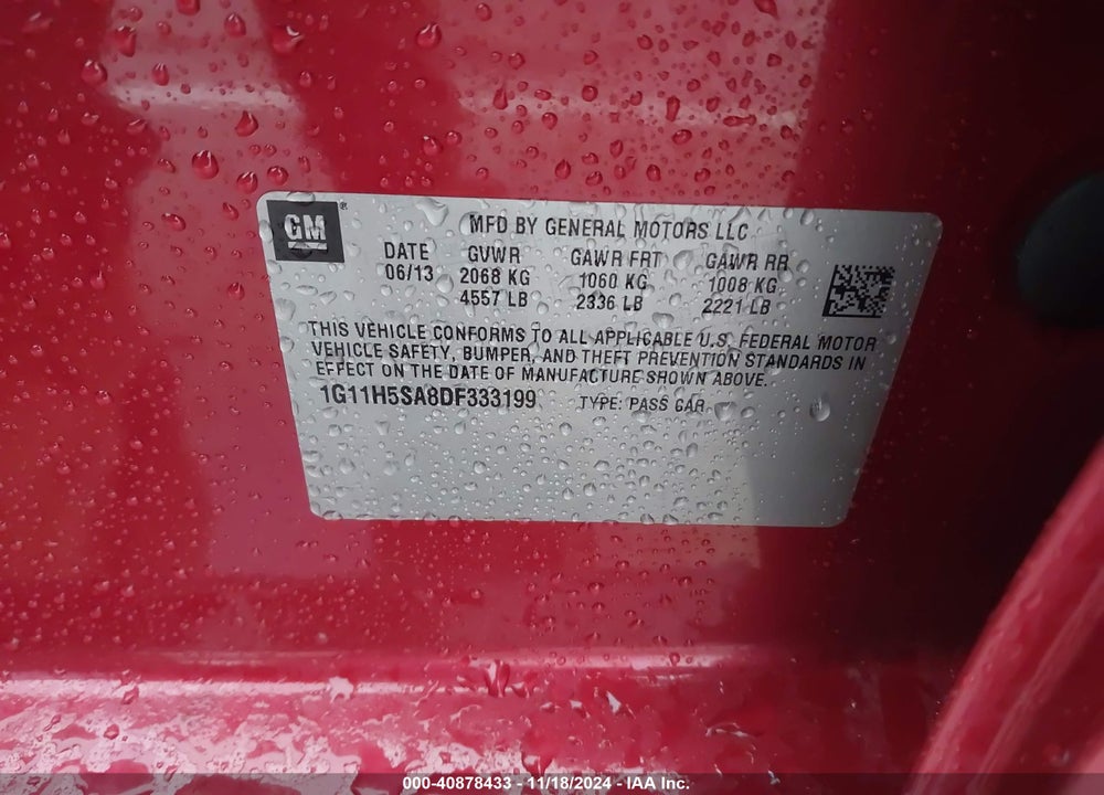 2013 CHEVROLET MALIBU 1LZ VIN: 1G11H5SA8DF333199