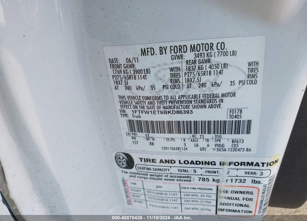 2011 FORD F-150 FX4 VIN: 1FTFW1ET9BKD86393
