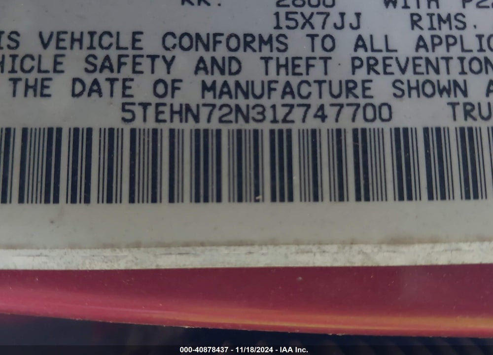 2001 TOYOTA TACOMA BASE V6 VIN: 5TEHN72N31Z747700