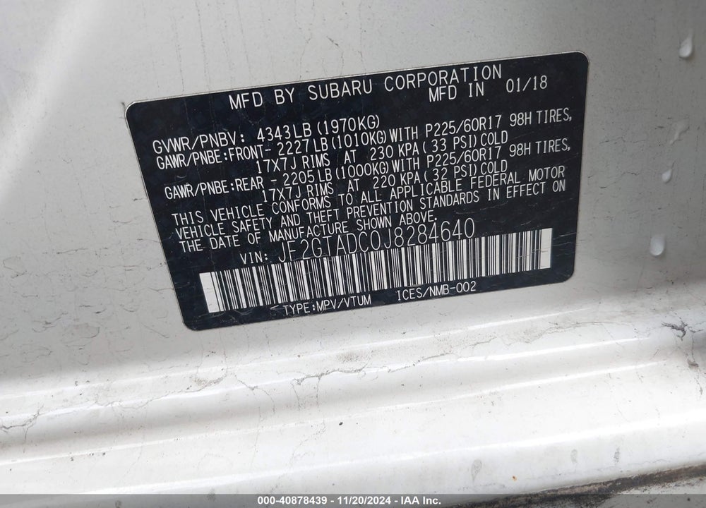 2018 SUBARU CROSSTREK 2.0I PREMIUM VIN: JF2GTADC0J8284640