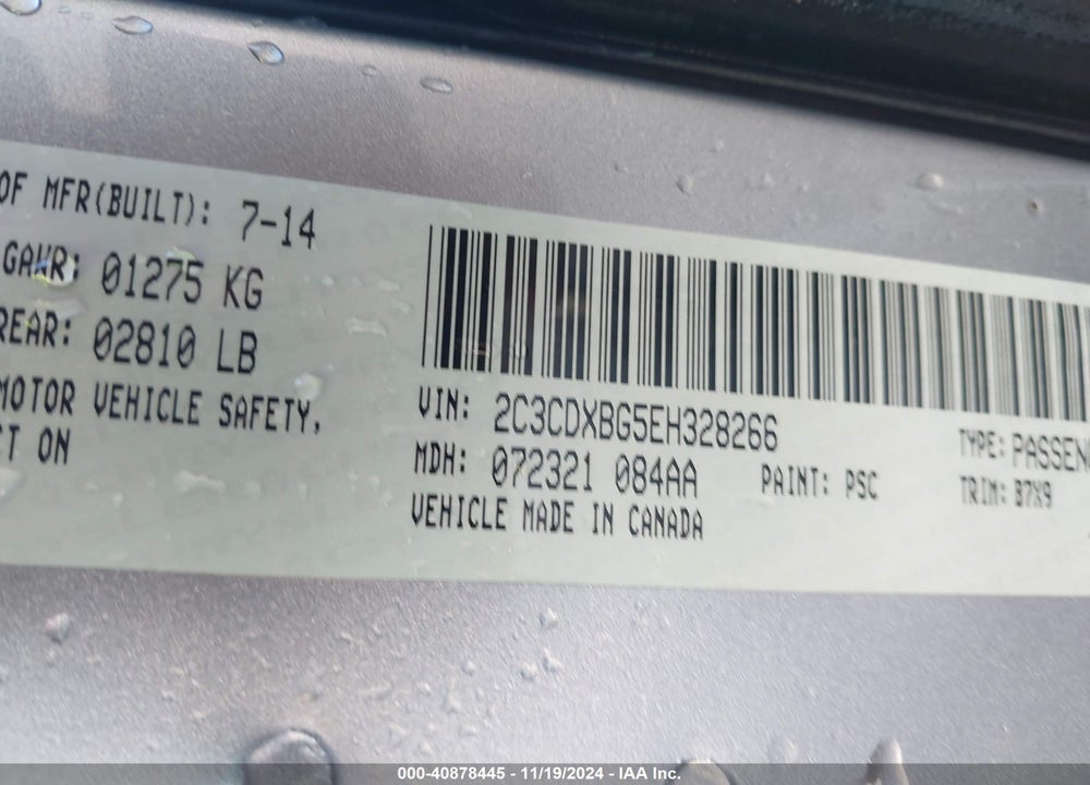 2014 DODGE CHARGER SE VIN: 2C3CDXBG5EH328266