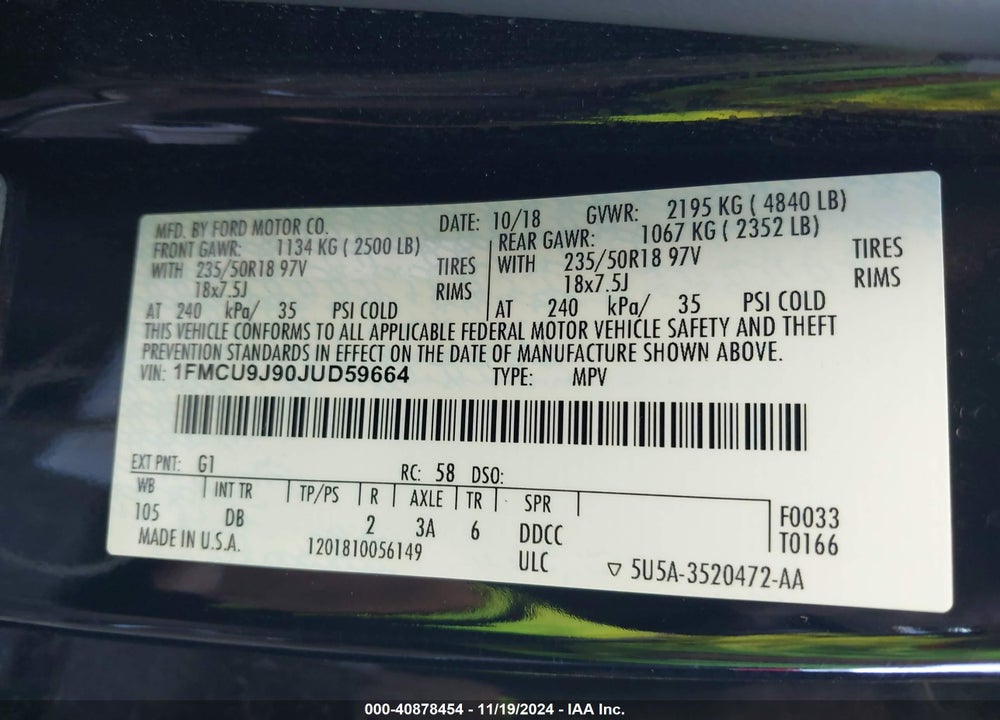 2018 FORD ESCAPE TITANIUM VIN: 1FMCU9J90JUD59664