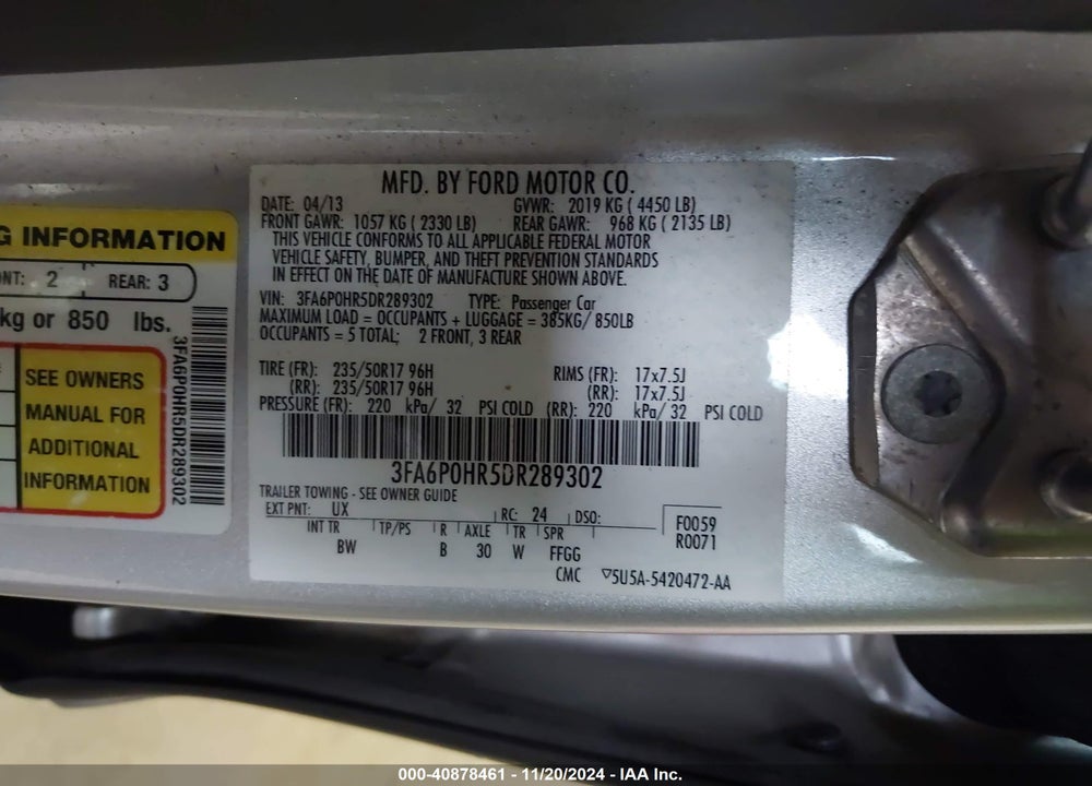 2013 FORD FUSION VIN: 3FA6P0HR5DR289302