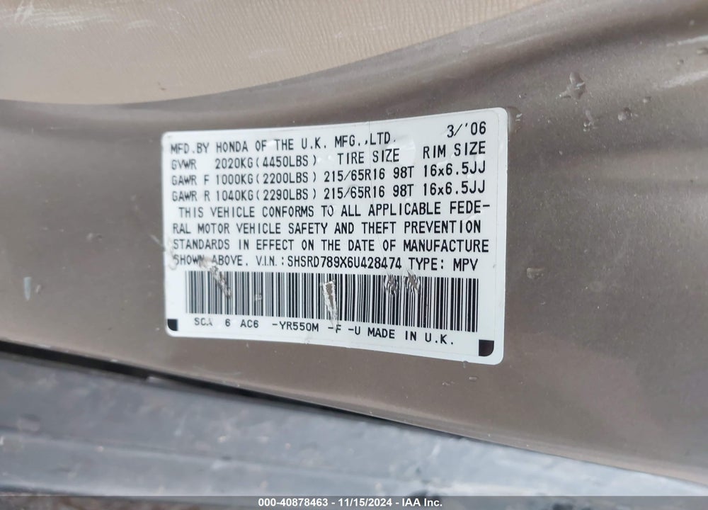 2006 HONDA CR-V SE VIN: SHSRD789X6U428474
