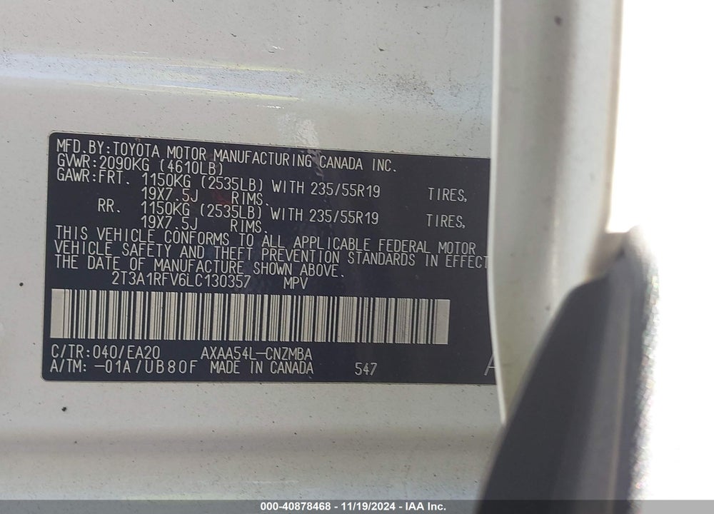 2020 TOYOTA RAV4 XLE PREMIUM VIN: 2T3A1RFV6LC130357