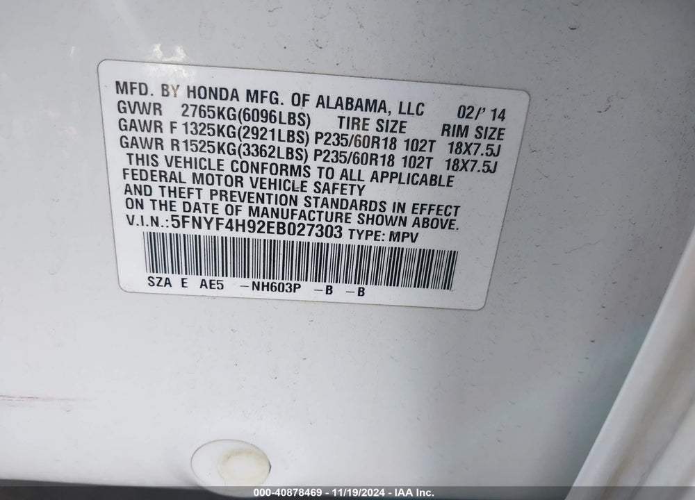 2014 HONDA PILOT TOURING VIN: 5FNYF4H92EB027303