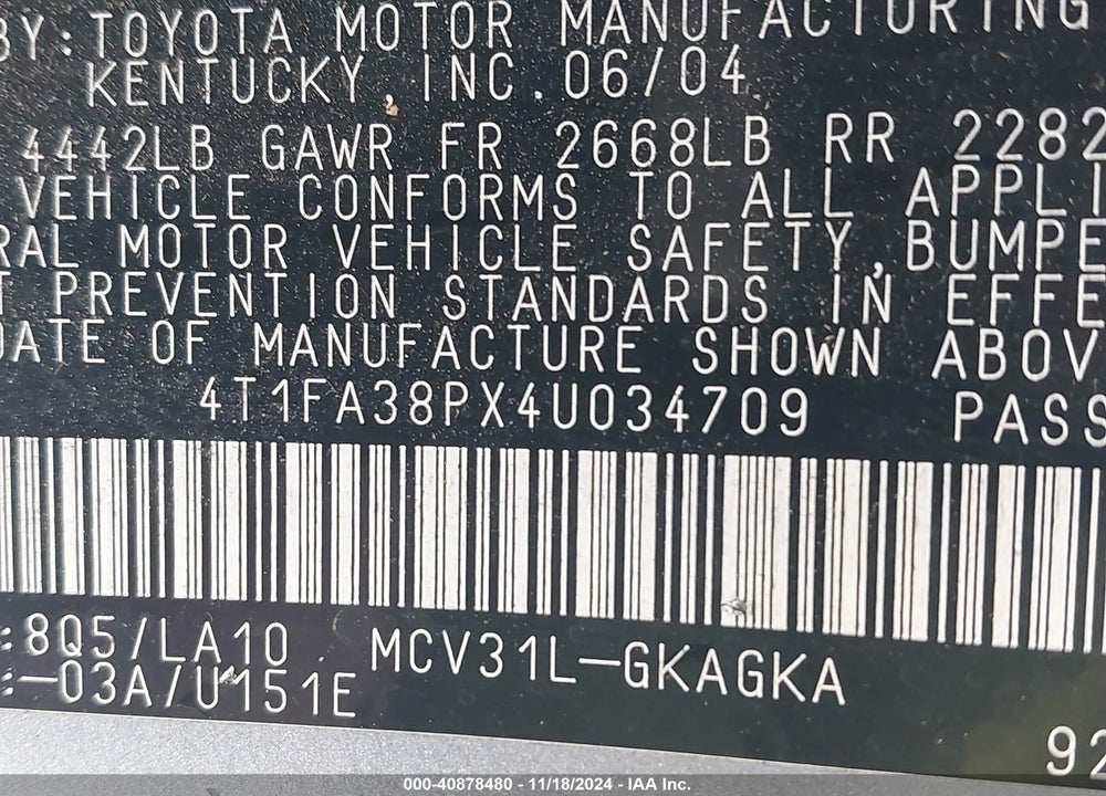 2004 TOYOTA CAMRY SOLARA SLE VIN: 4T1FA38PX4U034709