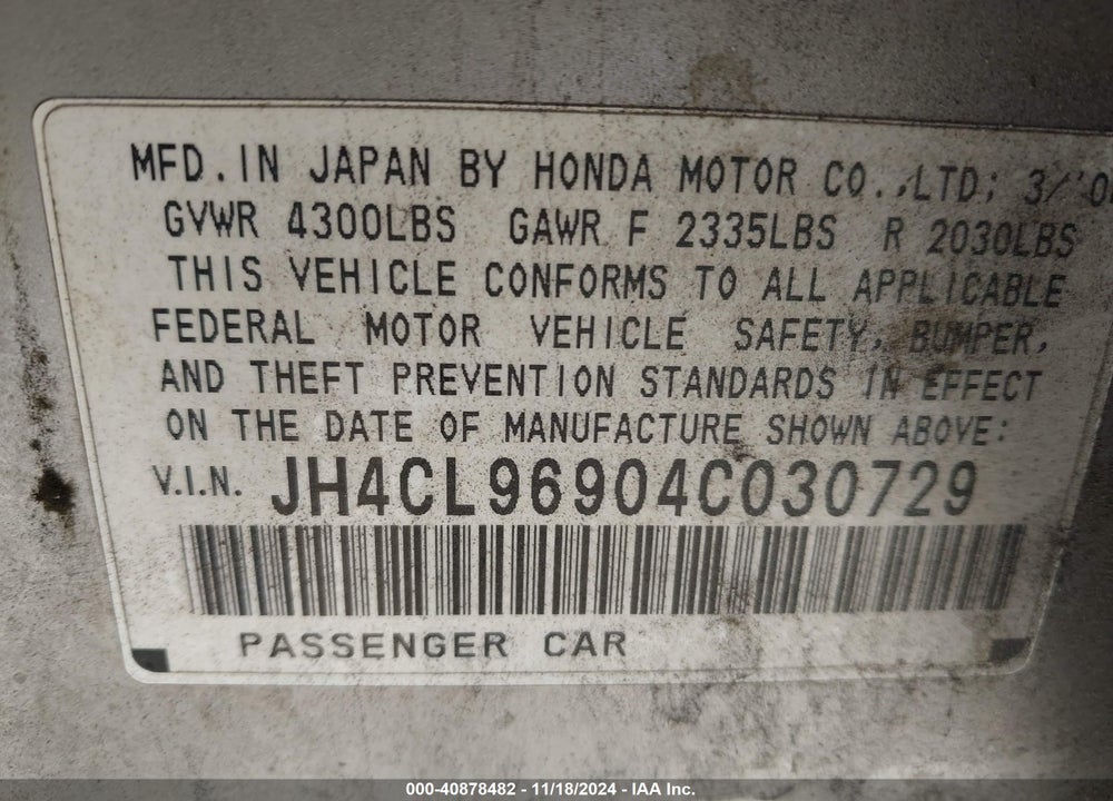 2004 ACURA TSX VIN: JH4CL96904C030729