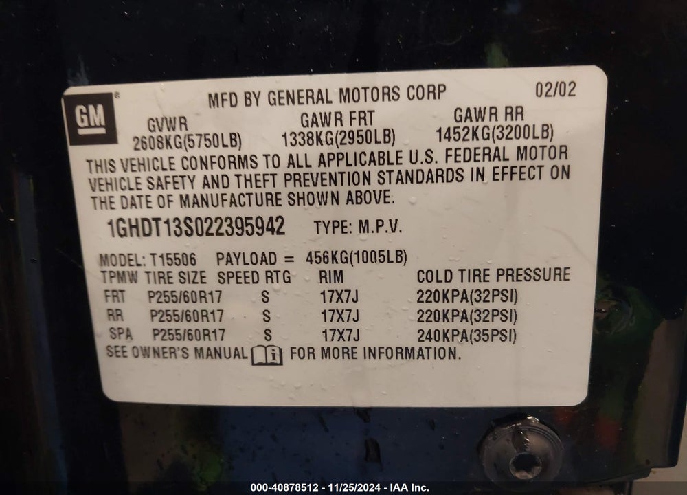 2002 OLDSMOBILE BRAVADA VIN: 1GHDT13S022395942