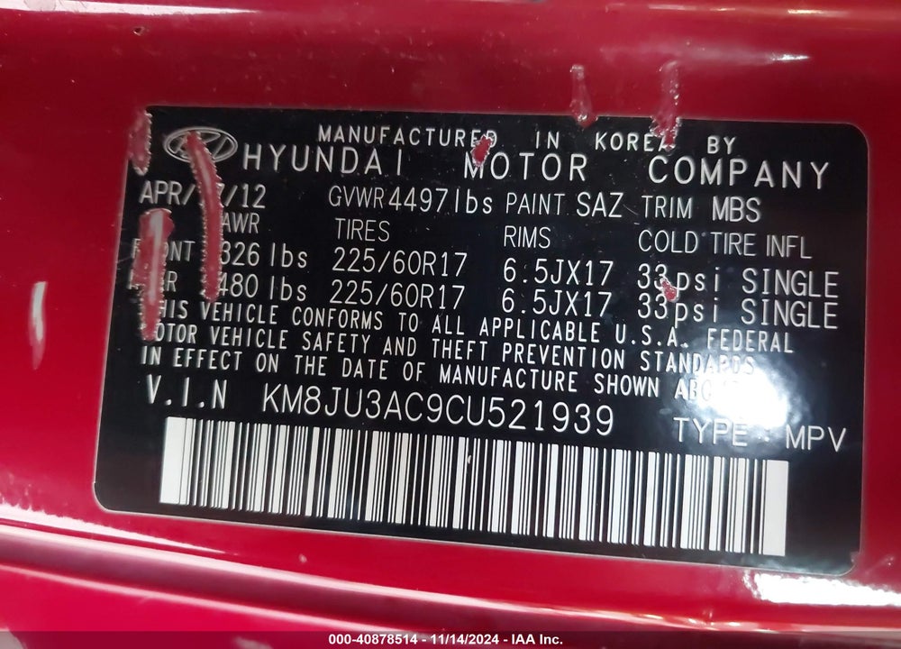 2012 HYUNDAI TUCSON GLS VIN: KM8JU3AC9CU521939